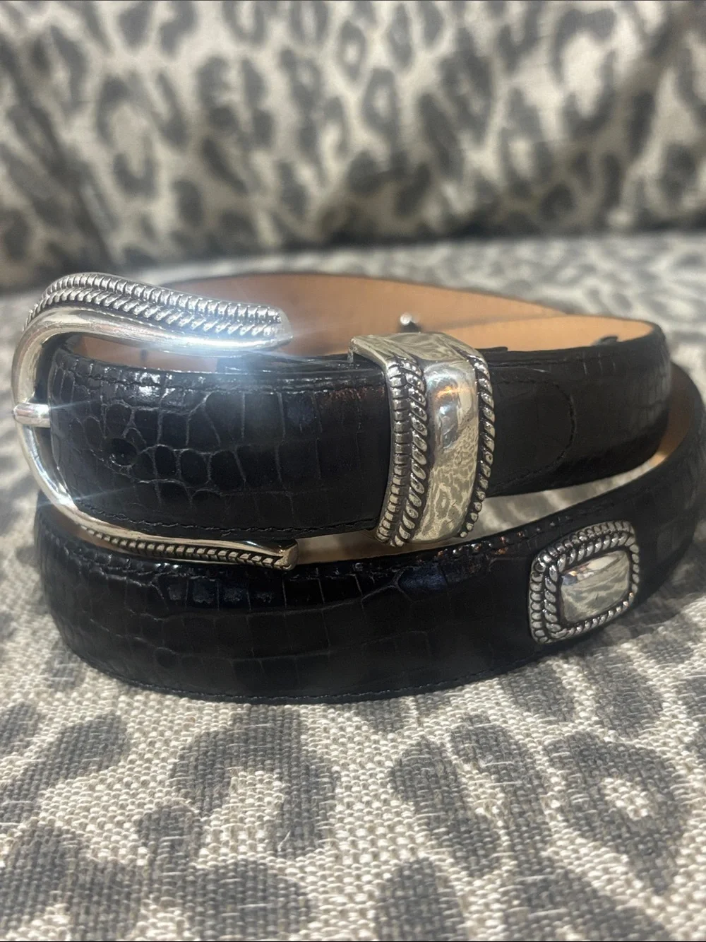 Vintage Brighton black belt embossed leather reptile snakeskin croc silver tone